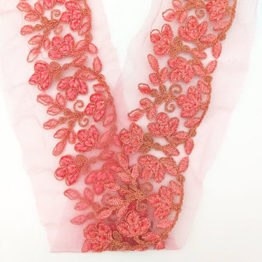 Pink Net Fabric Lace Trim with Floral Embroidery, Lace Trim, Sari Border
